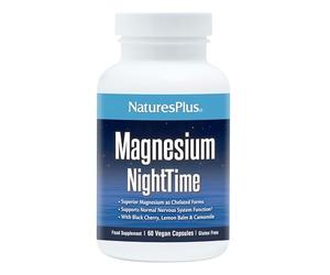 NaturesPlus Magnesium Night Time - Magnesium Glycinate and Taurate Supplement with L-Theanine, Ashwagandha, Lemon Balm, B6, Hops - Vegan, Gluten Free - 60 Capsules