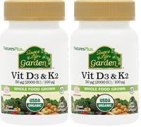 NaturesPlus Source of Life Garden Organic Vitamin D3 2000IU with K2 100mcg - Vegan Vitamin D3 and K2 Supplement - Immune Support, Bone Health - Gluten Free - 60 Capsules (Pack of 2)