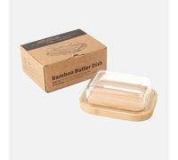Naturoom Butter Dish Set with Bamboo Tray & Glass Lid For Countertop - Elegant & Practical Kitchen Essential Storage For Butter, Margarine, and Cheese - 6.1"L*4.7"W*2.2H