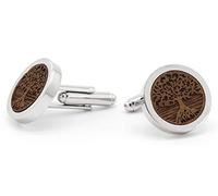 NaturSchatulle Men's Wooden Cufflinks with 3D Engraving 1 Pair Black Silver Cufflinks Round Wedding Suit Men's Cufflinks for Men silver