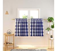 NATUS WEAVER Cafe Curtains 30 inches Long Buffalo Plaid Kitchen Tiers 2 Panels Rod Pocket Gingham Check Short Small Half Window Curtains Bathroom Navy Blue & White
