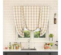 NATUS WEAVER Window Curtain 54 Inch Long Buffalo Check Adjustable Tie Shades Plaid Gingham Rod Pocket for Kitchen Windows 1 Panel Beige/White