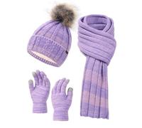NATUST Women Hat Scarf Gloves Set Winter Thicken Knitted Beanie Soft Long Scarf Touchscreen Gloves Lining Thermal Pom Pom Hats Purple