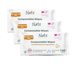Naty Baby Wipes | 98% Water & Natural for Sensitive Skin | Unscented, Plant-Based, Fragrance-Free | Plastic-Free & Compostable | Newborn & Toddler Gentle Wet Wipes | 168 Count (3 Packs)