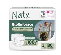 Naty BioEmbrace Baby Nappies | Sensitive Skin Safe Certified | Leak Protection up to 100% | Plant-Based Softness, Premium Comfort | Chlorine-Free | Size 3 (4-9kg), 180 Count