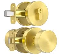 naubea Gold Front Door Knob with Deadbolt Lock Set, Satin Brass Exterior Front Door Handle with Deadbolt, Lockable Deadbolt and Round Door Knob with Key