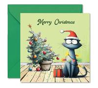 Naughty Festive Black Cat Wrapped in Xmas Tree Lights - Christmas Greetings Card - Inside Print: Merry Christmas - Includes Green Envelope - Made in the UK