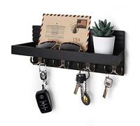 NAUMOO Black Wooden Modern Farmhouse Key Holder - Wall Mounted Mail Organizer with 4 Double Brass Hooks