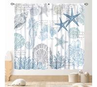 Nautcial Starifish Window Curtains, Beach Theme Coastal Seashell Starfish Blue Coral Rod Pocket Drapes for Bedroom Living Room Kids Room Bathroom Kitchen Window Treatments 2 Panel Sets, 42"x45" Inch