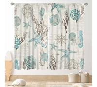 Nautcial Starifish Window Curtains, Beach Theme Coastal Seashell Starfish Blue Coral Rod Pocket Drapes for Bedroom Living Room Kids Room Bathroom Kitchen Window Treatments 2 Panel Sets, 52"x84" Inch