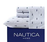 Nautica - 4PCS,Queen Sheet Set, Cotton Percale Bedding Set, Crisp & Cool, Lightweight & Breathable (Whale Stripe Blue, Queen)
