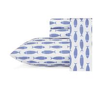 Nautica Cotton Percale Bedding Set, Crisp & Cool, 100% Cotton, Woodblock Fish Blue, Full