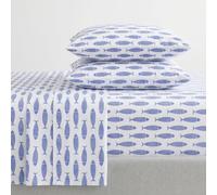 Nautica Cotton Percale Bedding Set, Crisp & Cool, Lightweight & Breathable, 100%, Woodblock Fish Blue, Full