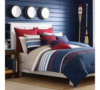 Nautica Cotton Reversible Bedding with Button Closure, Stylish Home Decor, Bradford Navy/Khaki, King