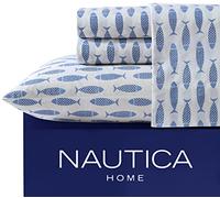 Nautica - King Sheet Set, Cotton Percale Bedding Set, Crisp & Cool, Lightweight & Breathable (Woodblock Fish Blue, King)