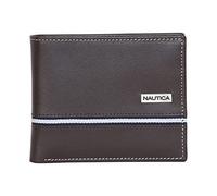 Nautica Men's Classic Leather Bifold RFID Wallet (Available in Smooth or Pebble Grain), Logo Ribbon - Brown, One Size