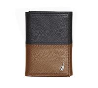 Nautica Men's Classic Leather Trifold RFID Wallet (Available in Smooth or Pebble Grain), Two Tone - Black/Cognac, One Size