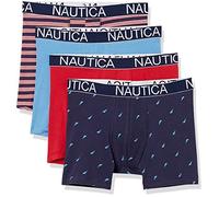 Nautica Men's Cotton Stretch 4 Pack Boxer Briefs, Clear Skies Blue Red/Main Stripe/Sail Print, M