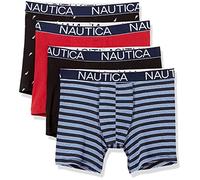 Nautica Men's Cotton Stretch 4 Pack Boxer Brief, Black Red/Stripe Black/Sail Print, Medium