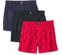 Nautica Men's Classic Cotton 3-Pack Woven Boxer Shorts, Peacoat/Buffalo Check-Tidal Green/Holiday Sail Print-red, L