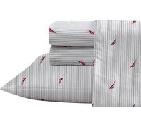 Nautica- Queen Sheet Set, Cotton Percale Bedding Set, Crisp & Cool, Lightweight & Breathable (Audley Stripe Red, Queen)
