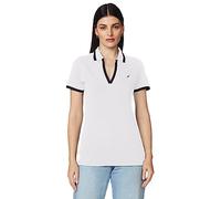 Nautica Women's Classic Fit Striped V-Neck Collar Stretch Cotton Polo Shirt, Bright White, Medium