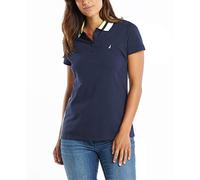Nautica Women's Classic Fit Striped V-Neck Collar Stretch Cotton Polo Shirt, Navy Seas, Medium