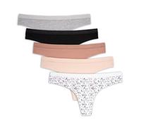 Nautica Women's Cotton Thong Underwear Set, 5-Pack, Nt Logo/Barely There/Cafe Latte/Black/Md Heather Grey, L