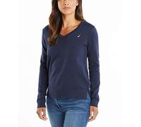 Nautica Women's Effortless J-Class Long Sleeve 100% Cotton V-Neck Sweater, Navy, Large