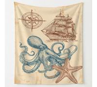 Nautical Adventure Print Blanket Throws Vintage Octopus Sailing Ship Compass Throw Blankets Soft Cozy Fleece Plush Flannel Bedding Blanket for Kids Adults Couch Travel 220 x 240 cm Beige