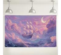 Nautical Aesthetic Wall Backdrop, Vintage Ship and Moon Scenic Decoration, Perfect for Photography Events and Coastal Themes 71x43 Inch