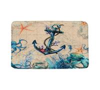 Nautical Anchor Bath Rugs Non-Slip for Bathroom, Sea Ocean Theme Sailboat Starfish Seashell Hippocampus Coastal Bath Mats,Flannel Blue Beige Retro Sea Horse Floor Mat Carpet for Toilet 18x30 in, W