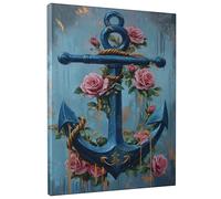 Nautical Anchor Canvas Wall Art, Blue Peach Floral Decor for Spring, Coastal Wall Decor for Living Room, Bedroom, Bathroom, Bohemian Style, Unframed 16x20 Inch