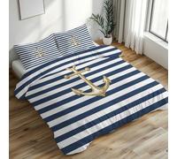 Nautical Anchor Duvet Cover Emperor, Blue and White Stripes Bedding Set 3 Piece Soft Microfiber Quilt Cover Reversible Duvet Sets with 2 Pillows Zipper Closure L-65