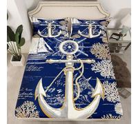 Nautical Anchor Fitted Sheet Single Size Compass Sailing Boat Bedding Set Girls Boys Bedroom Decor Western Vintage Adventure Bed Cover Sketch Hand Drwn Coral Bed Cover with 1 Pillowcase,No Top Sheet
