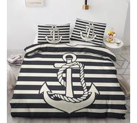 Nautical Anchor King Duvet Cover Set, Geometric Stripe Bedding 3 Piece for Bedroom Deocr, Soft Microfiber Reversible Bed Quilt Covers, 2 Pillow Cases, Zip Fastening