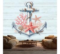 Nautical Anchor Wallpaper Mural, Beach Coastal Starfish Coral Shiplap Wall Mural, Non-Woven Print Photo Wallpaper for Bedroom Living Room Decor 100x70 cm V247