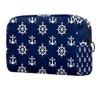Nautical Anchors and Steering Wheels on Navy Blue Background Small Makeup Bag for Women Cosmetic Storage Bag with Zipper Beauty Accessories Organizer Bag