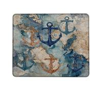 Nautical Anchors Design Mouse Pad, Blue Brown Watercolor Marine Artwork Stitched Edge Mousemat, Rubber Non-Slip Washable Gaming Mouse Pad for Home and Office Use Square 8x10 Inch