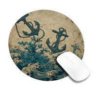 Nautical Anchors Mouse Pad, Blue Ocean Waves Design, Sea Themed Desk Mat for Summer Home and Office Use, Non-Slip Gaming Mousepad Round 8x8 Inch