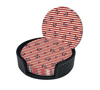 Nautical Anchors Red and White Stripes Coasters for Drinks with Holder, Leather Coasters Set of 6, Suitable for Kinds of Mugs and Cups