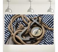 Nautical Anchors Wall Backdrop, Vintage Compass Rope Decorative Background, Marine Theme Photography Props for Parties, Summer Beach Events 71x43 Inch