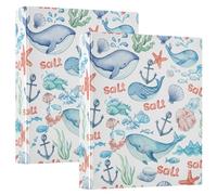 Nautical Anchors Whales White 1-1/2 Inch Binders 3 Ring with 3 Interior Pockets, Decorative Cute Three Ring Binder Notebook Binder for School Office Home 2 Pack