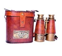 Nautical Antique Victorian Mrine Brass Binocular Telescope With Leather Cover Strap Leather Case Replica Sailor Gifts for Son/Father/Men/Friend.