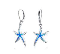 Nautical Aquatic Tropical Beach Vacation Iridescent Blue Created Opal Inlay Starfish Dangle Drop Lever back Earrings For Women .925 Sterling Silver