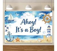 Nautical Baby Shower Backdrop 10x8ft Gender Reveal Ahoy It's a Boy Navy Blue Sea Beach Ship Anchor Seashell Photography Background for Boy Baby Shower Newborn Party Decoration Supplies Photo Props