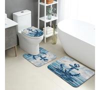 Nautical Bathroom Mat Sets 3 Piece, Blue Anchors Coastal Design Absorbent Non Slip Sink Rugs U Shaped Washable, Summer Marine Quick Dry Memory Foam Bathroom Rug Set