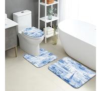 Nautical Bathroom Mat Sets 3 Piece, Blue Ocean Sailing Ships Absorbent Non Slip Toilet Rugs U Shaped Washable, Coastal Seaside Quick Dry Memory Foam Bathroom Rug Set
