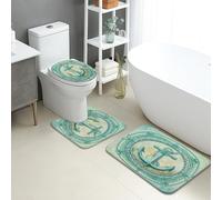 Nautical Bathroom Mat Sets 3 Piece, Ocean Blue Anchors Pattern Absorbent Non Slip Toilet Rugs U Shaped Washable, Summer Coastal Quick Dry Flannel Bathroom Rug Set