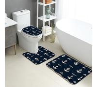 Nautical Bathroom Mat Sets 3 Piece, Vintage Anchors Ocean Waves Absorbent Non Slip Toilet Rugs U Shaped Washable, Summer Coastal Quick Dry Flannel Bathroom Rug Set